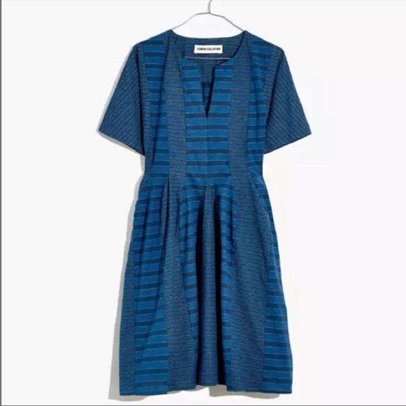 Caron Callahan Dresses & Skirts - Caron Callahan Ares Short Sleeve Pleated Striped Dress in Blue